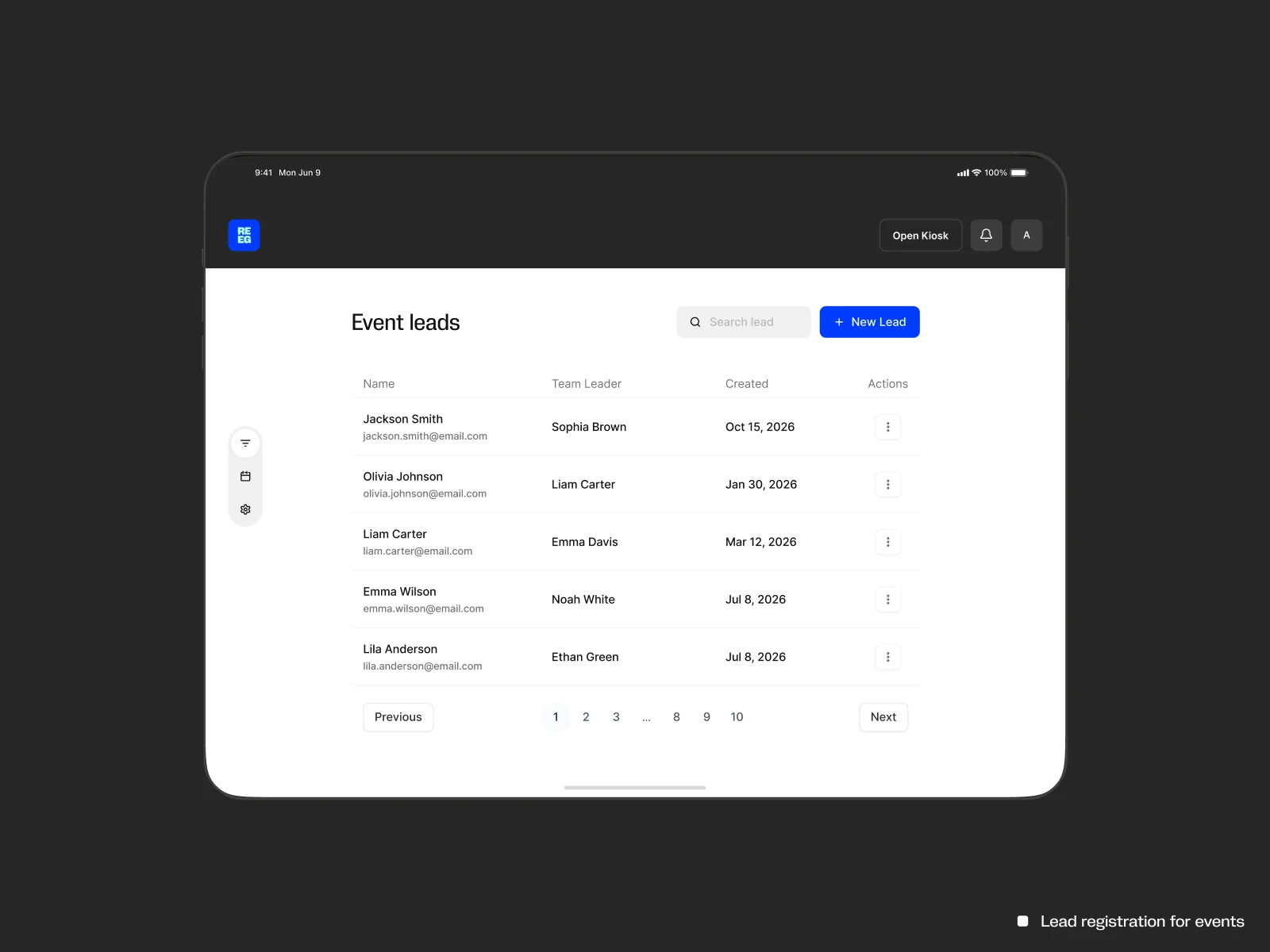 Event lead registration dashboard with team ownership and kiosk access