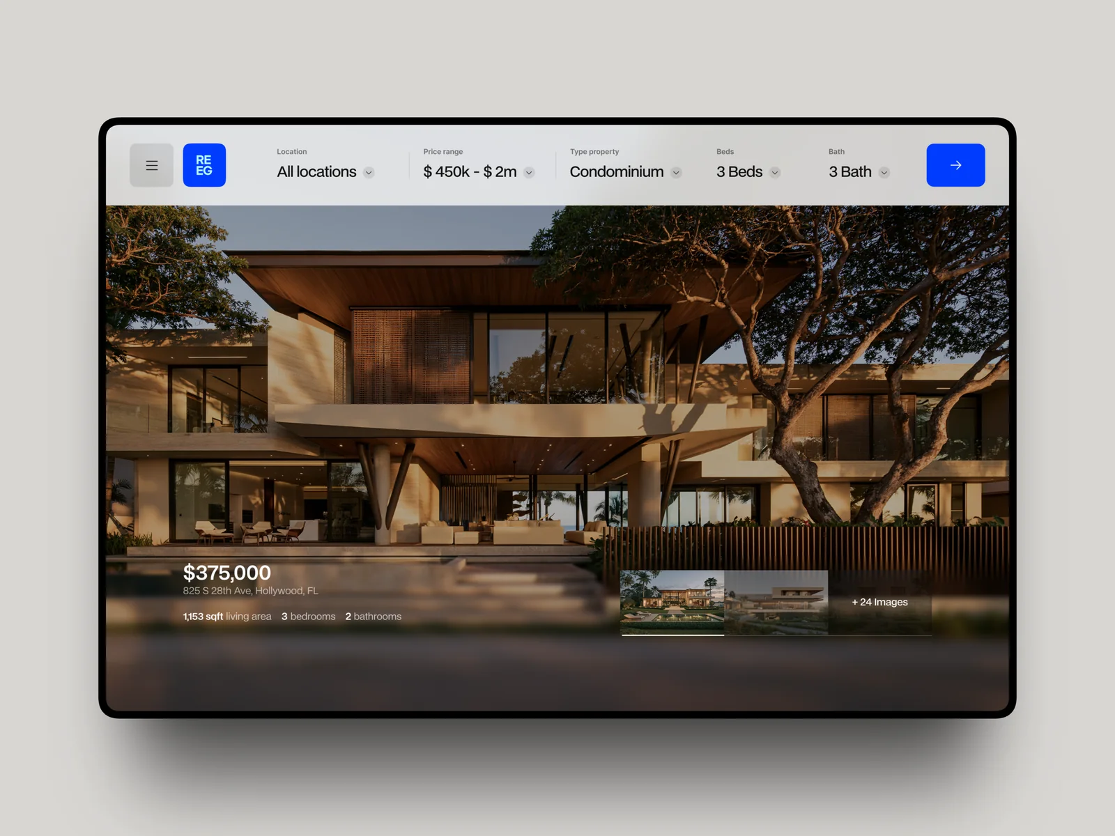 Immersive property photography with key details and gallery navigation
