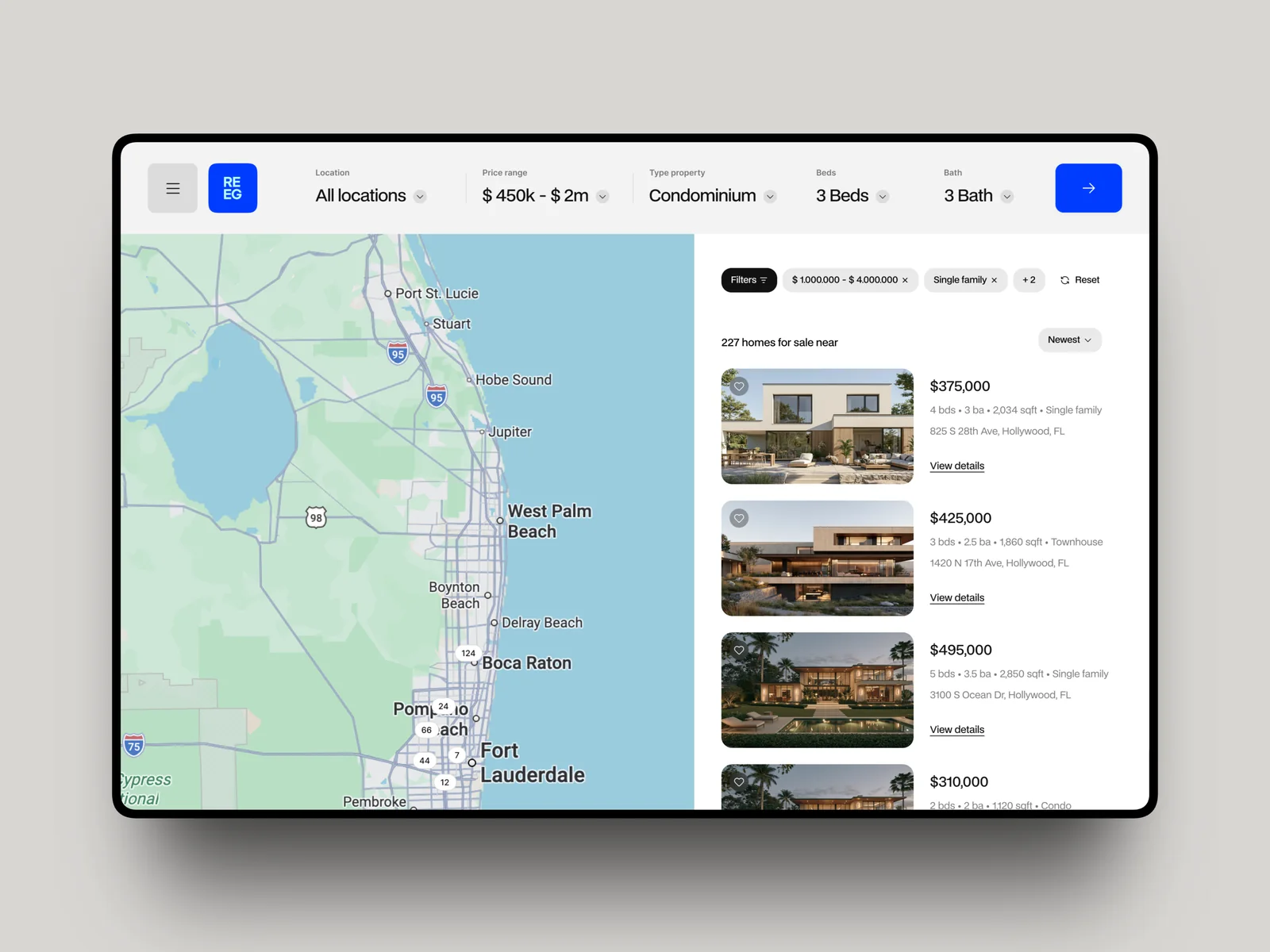 Map-based property search with filters and listing cards