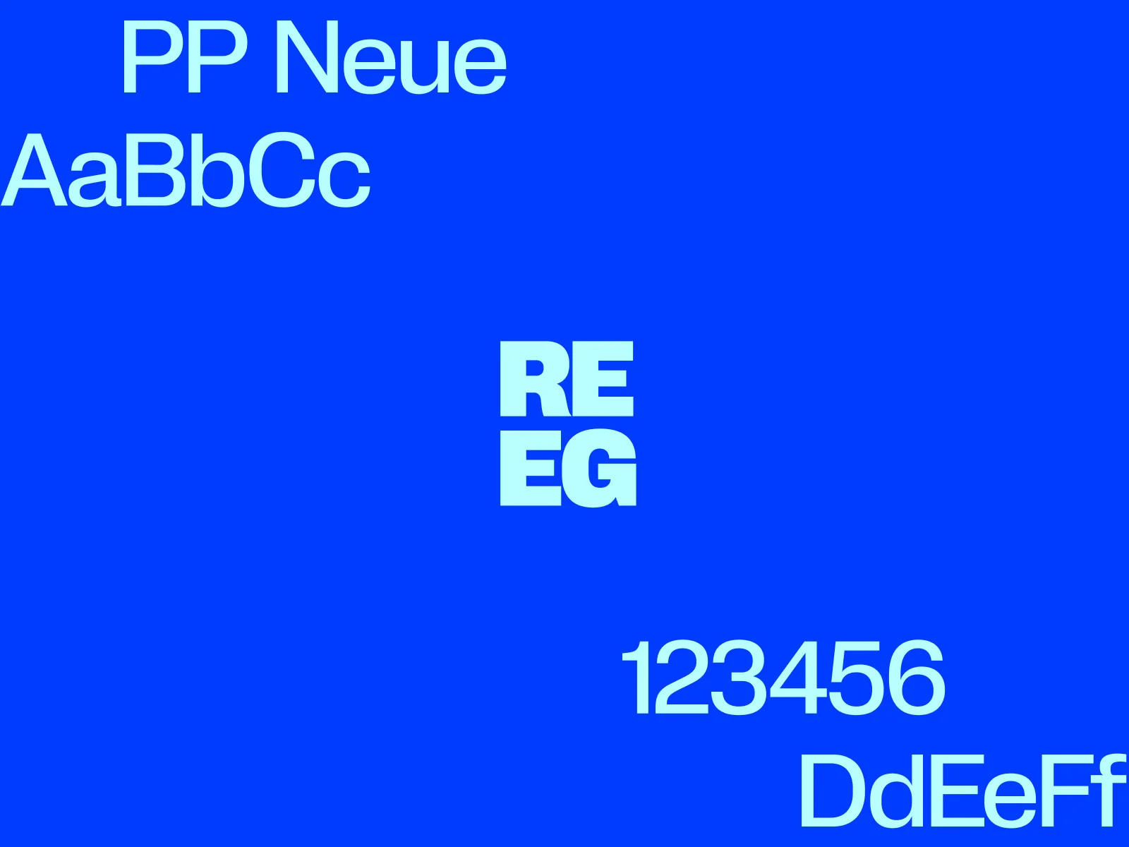 REEG typography and monogram in electric blue and pale cyan