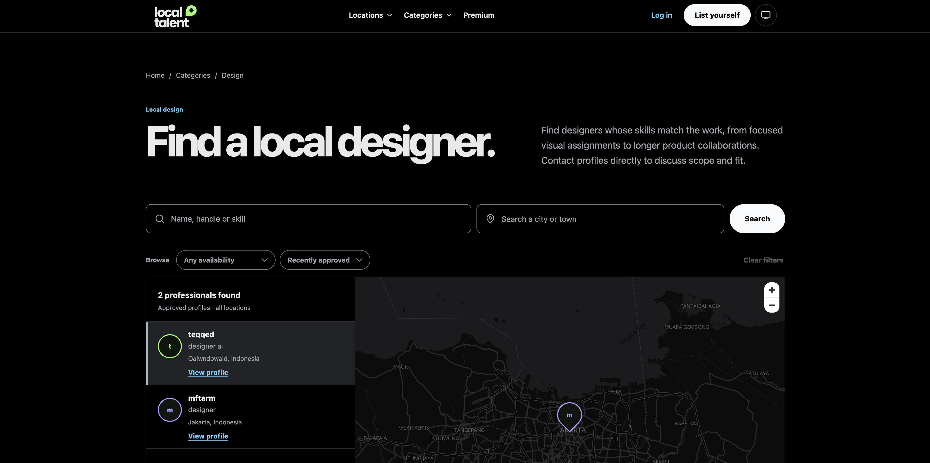 Local Talent-platform met een zoekopdracht naar een lokale ontwerper en kaartinterface