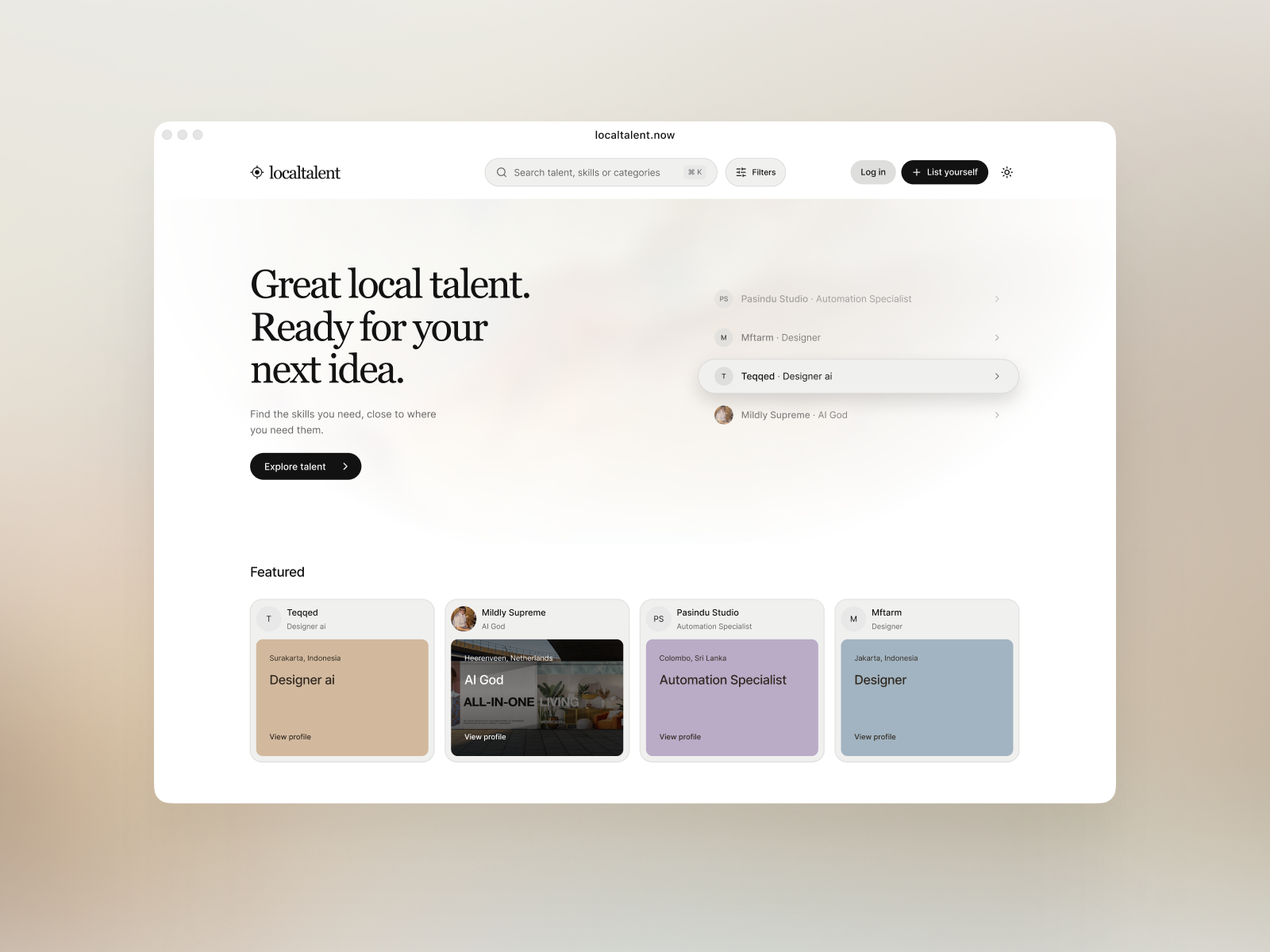 Localtalent homepage with featured professionals